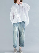 Solid Color Pleated Loose Cropped Hem Shirt